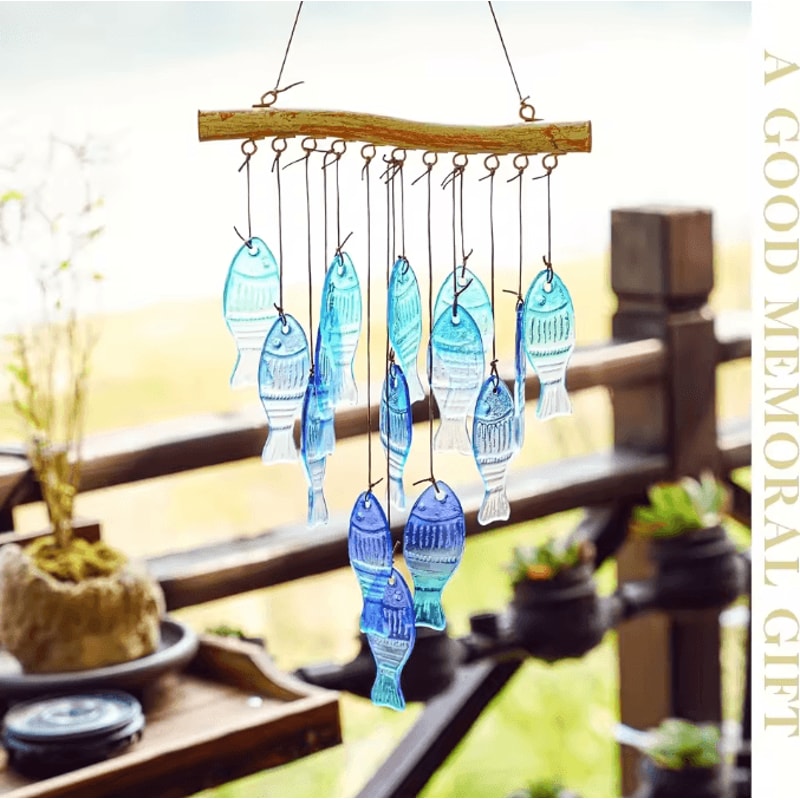 OceanBreeze Blue Glass Fish Wind Chimes Handcrafted Coastal Outdoor Decor 3