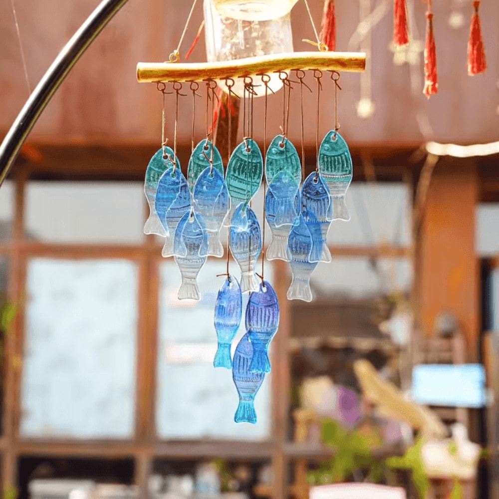 OceanBreeze Blue Glass Fish Wind Chimes Handcrafted Coastal Outdoor Decor 5