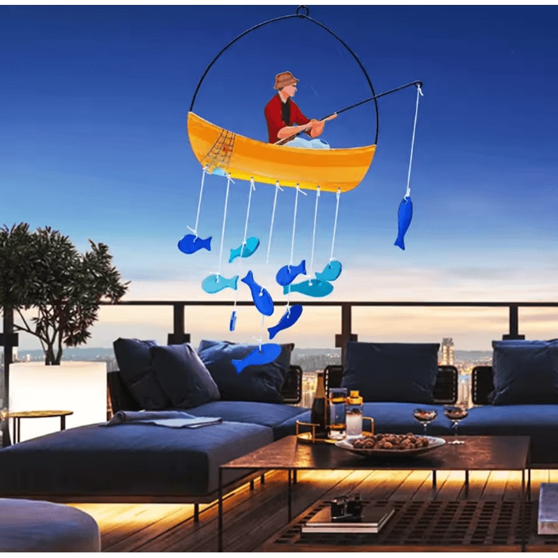 OceanWhisper 21Inches Blue Sea Glass Fish Wind Chimes Outdoor Coastal Decor 0