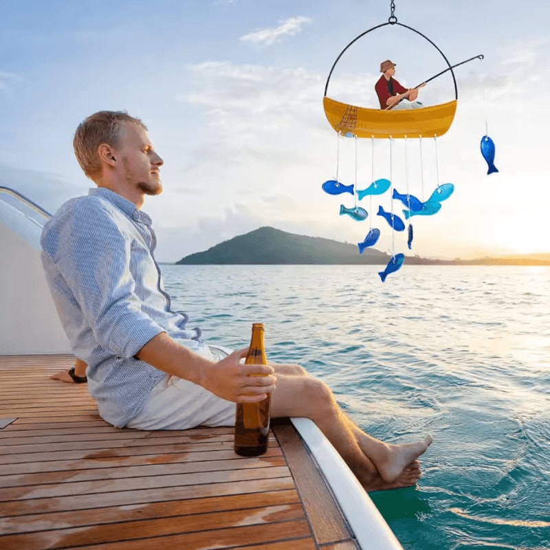 OceanWhisper 21Inches Blue Sea Glass Fish Wind Chimes Outdoor Coastal Decor 1