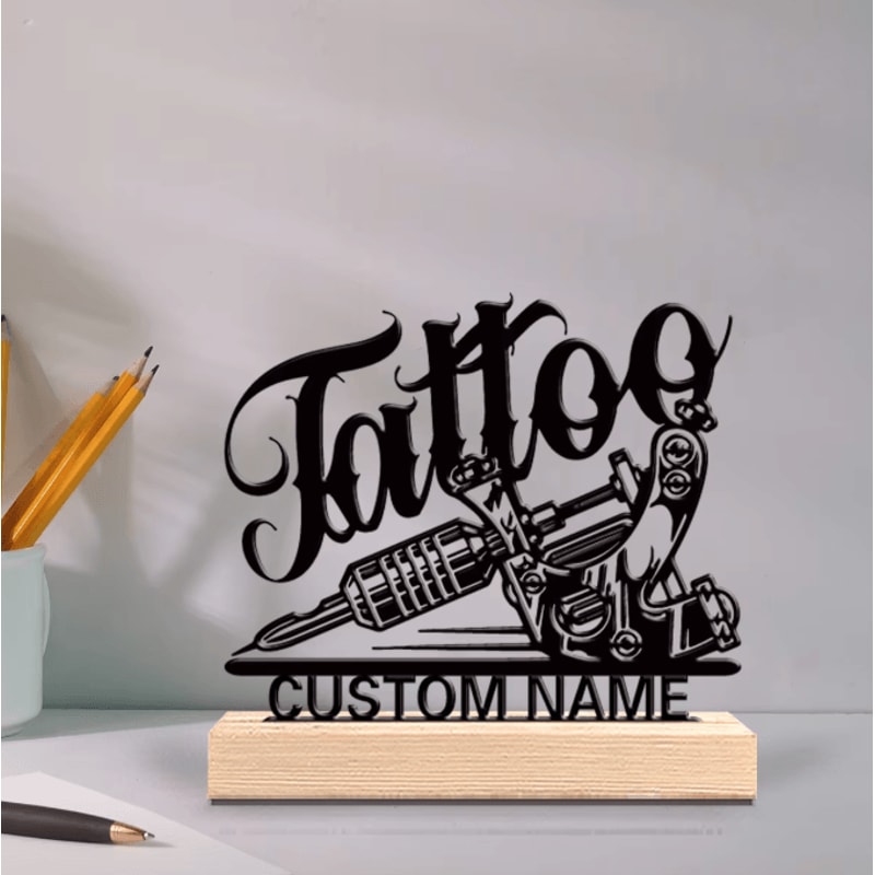 InkForge Personalized Tattoo Artist Metal Statue With Wooden Base Decor 0