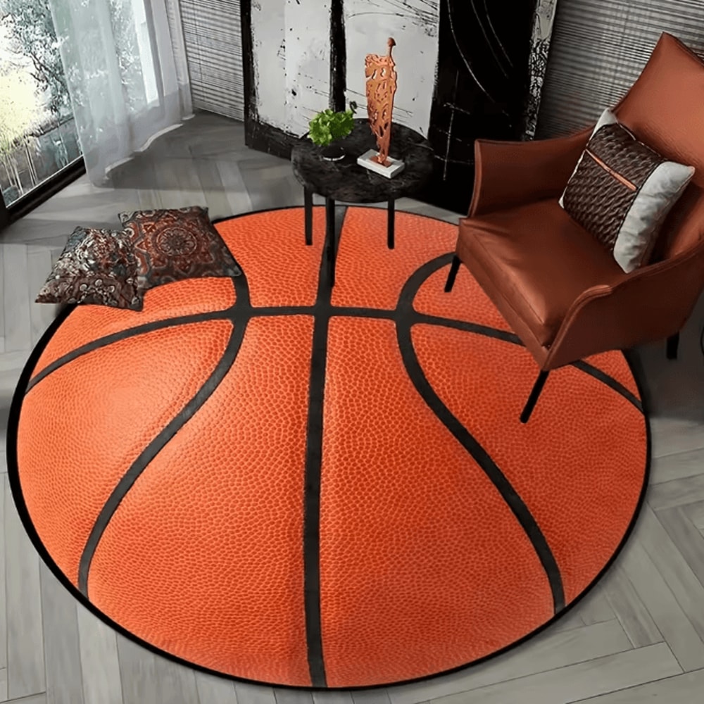 3D Basketball Flannel Round Rug Non Slip Sports Decor For Bedroom And Living Room 0