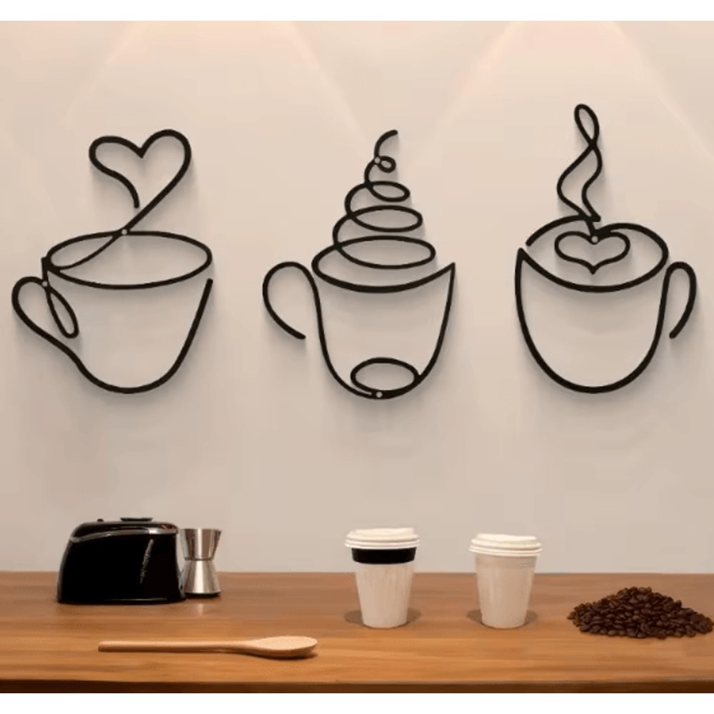 Minimalist Black Metal Coffee Cup Wall Art Decor For Kitchen Cafe And Coffee Bar 0