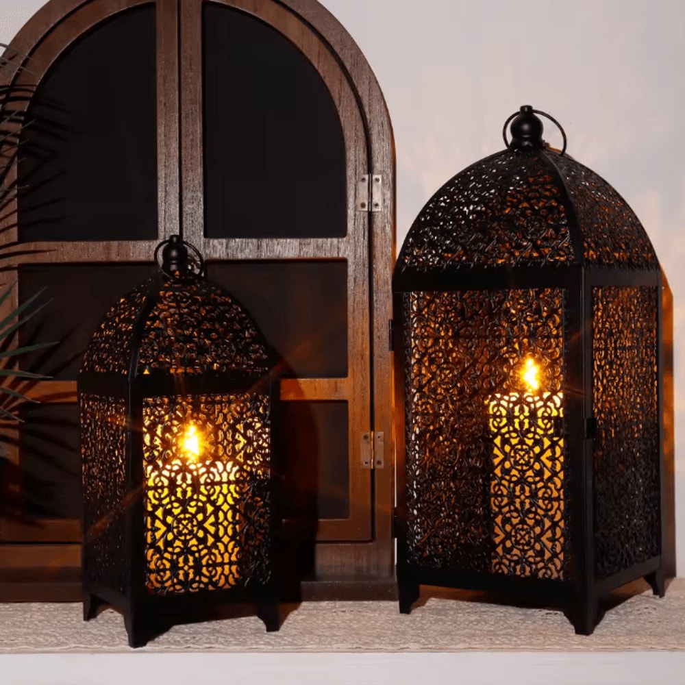 Elegant Black Metal Hanging Candle Lantern Decorative Hollow Pattern Set 2