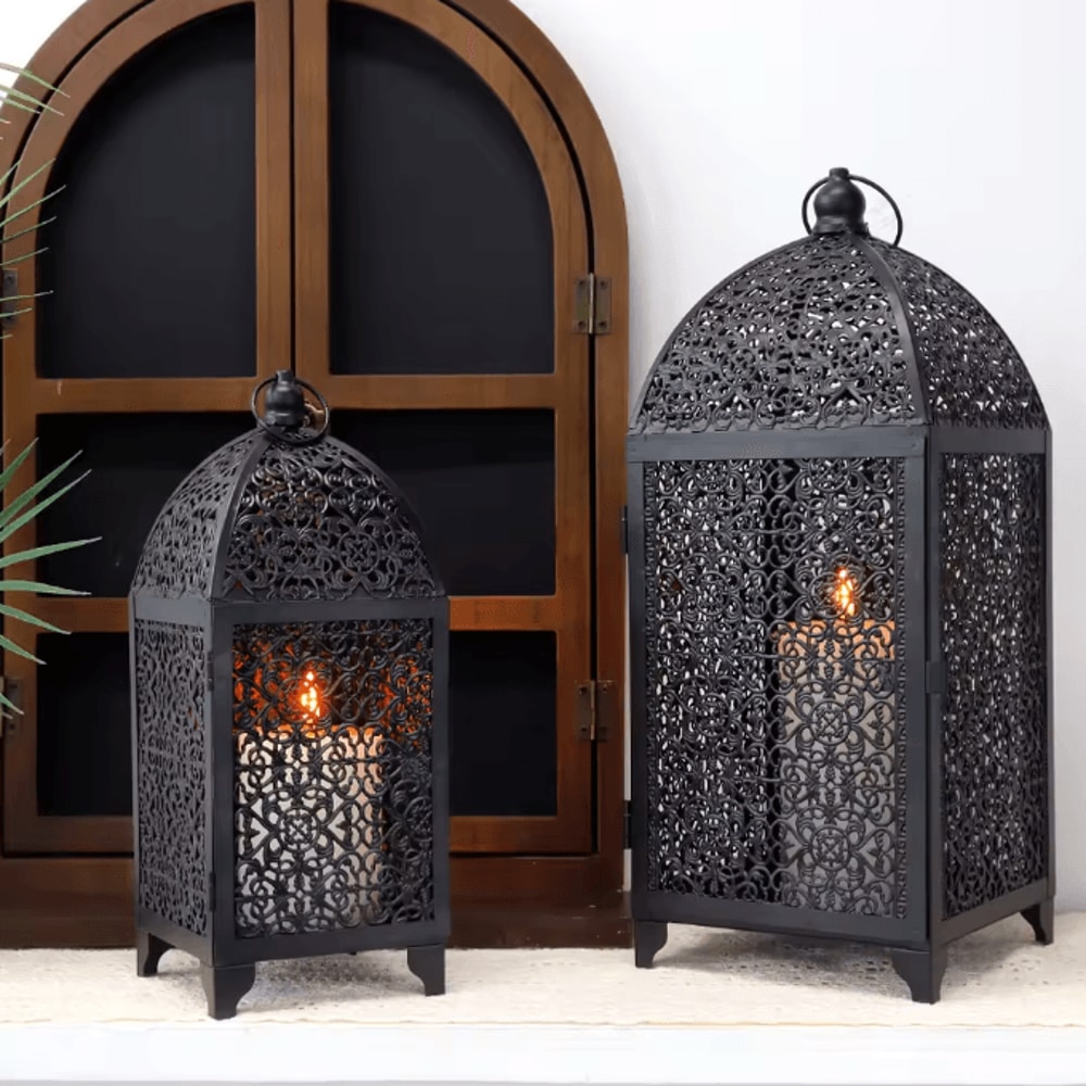 Elegant Black Metal Hanging Candle Lantern Decorative Hollow Pattern Set 3