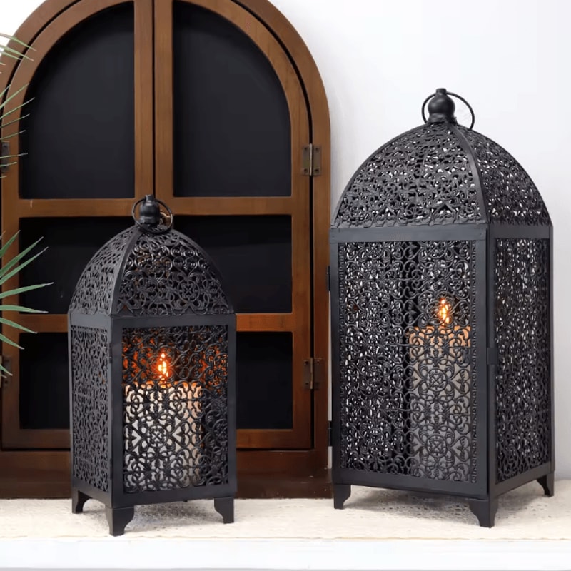 Elegant Black Metal Hanging Candle Lantern Decorative Hollow Pattern Set 3