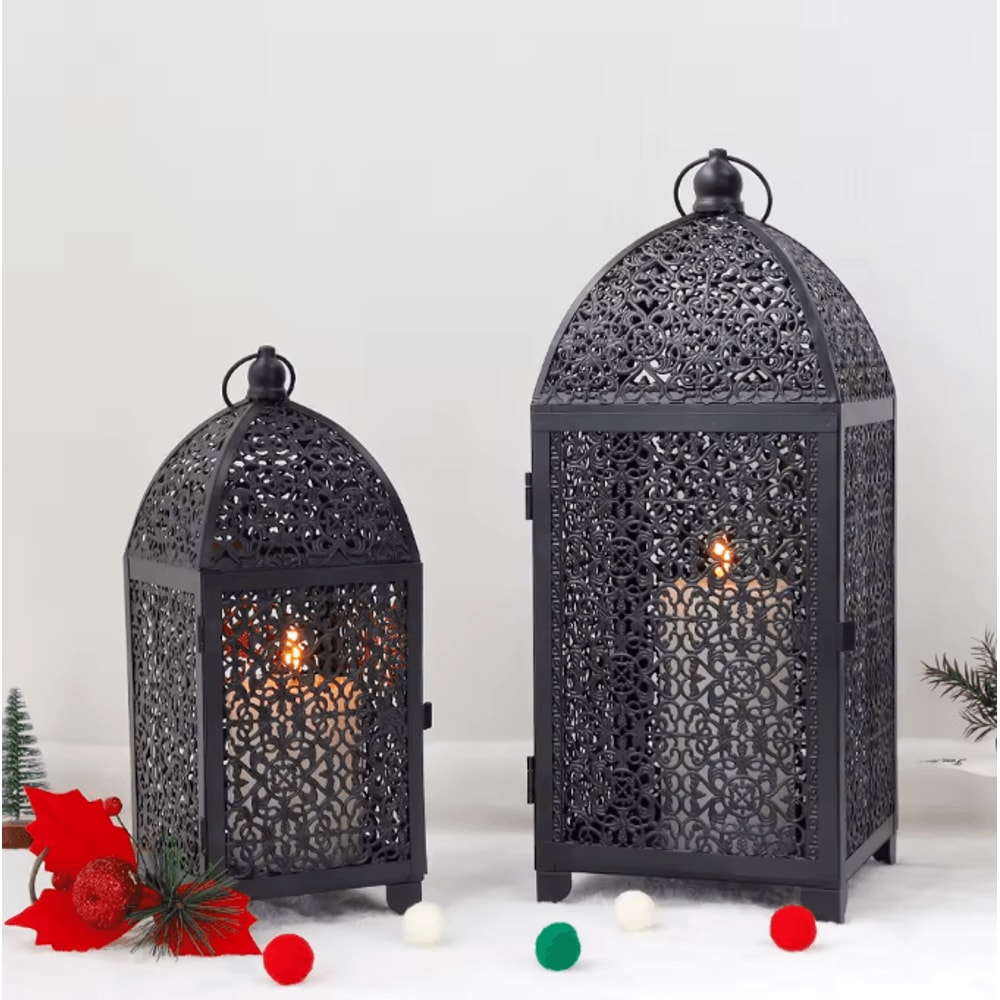 Elegant Black Metal Hanging Candle Lantern Decorative Hollow Pattern Set 4