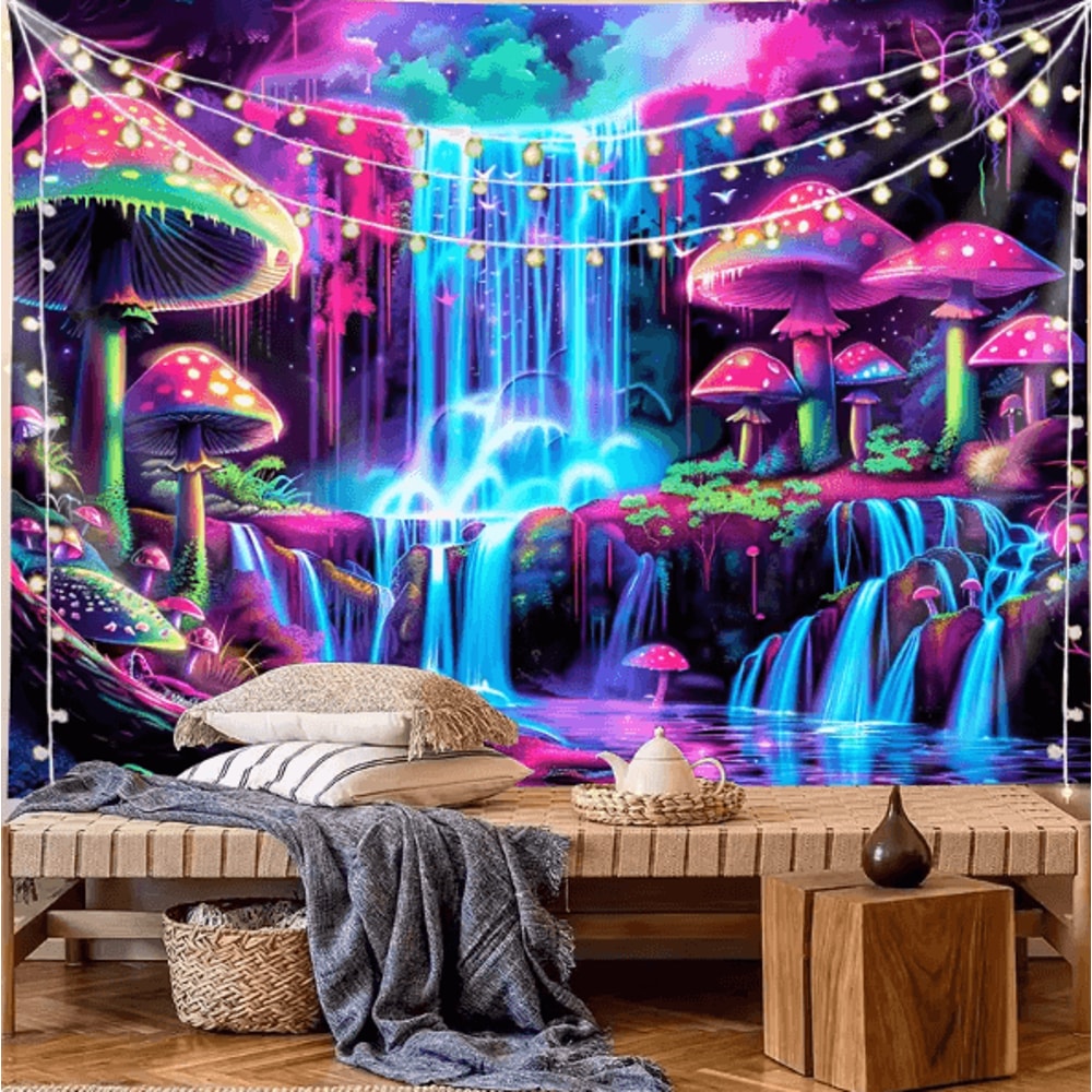 VikaDream Psychedelic Forest Waterfall Cyberpunk Tapestry Wall Hanging Decor 1