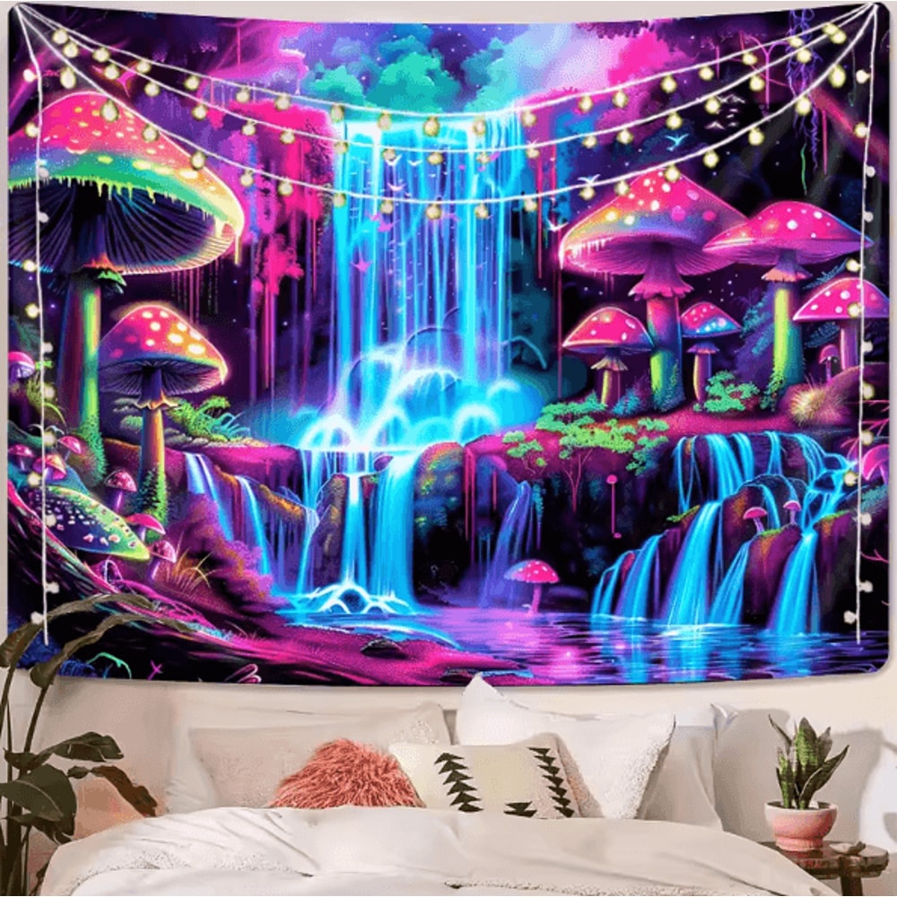 VikaDream Psychedelic Forest Waterfall Cyberpunk Tapestry Wall Hanging Decor 2