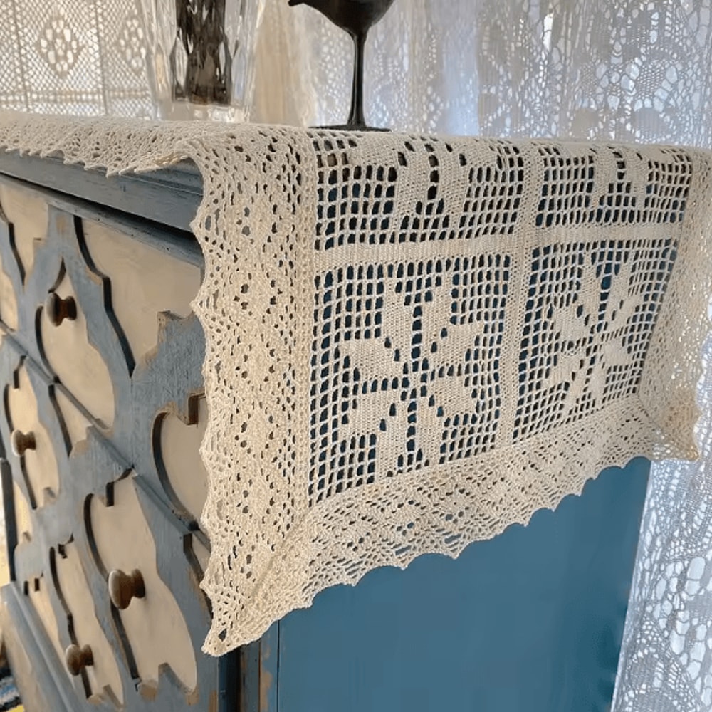 LaceCraft Vintage Crochet Cotton Linen Table Runner With Elegant Lace Edge 1