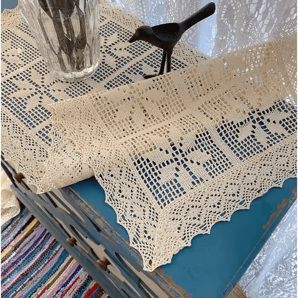 LaceCraft Vintage Crochet Cotton Linen Table Runner With Elegant Lace Edge 2
