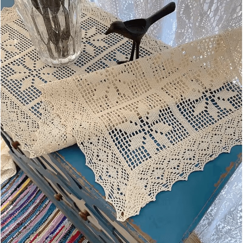LaceCraft Vintage Crochet Cotton Linen Table Runner With Elegant Lace Edge 2