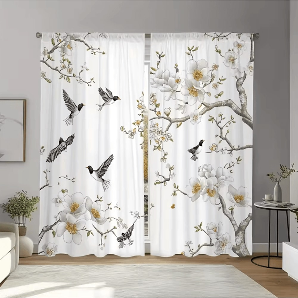 NatureBloom Floral Bird Print Curtain Set Polyester Decorative Window Drapes 0