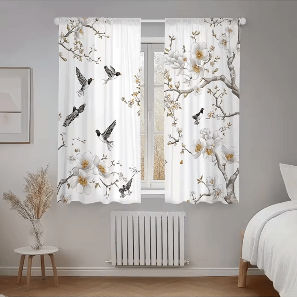 NatureBloom Floral Bird Print Curtain Set Polyester Decorative Window Drapes 1