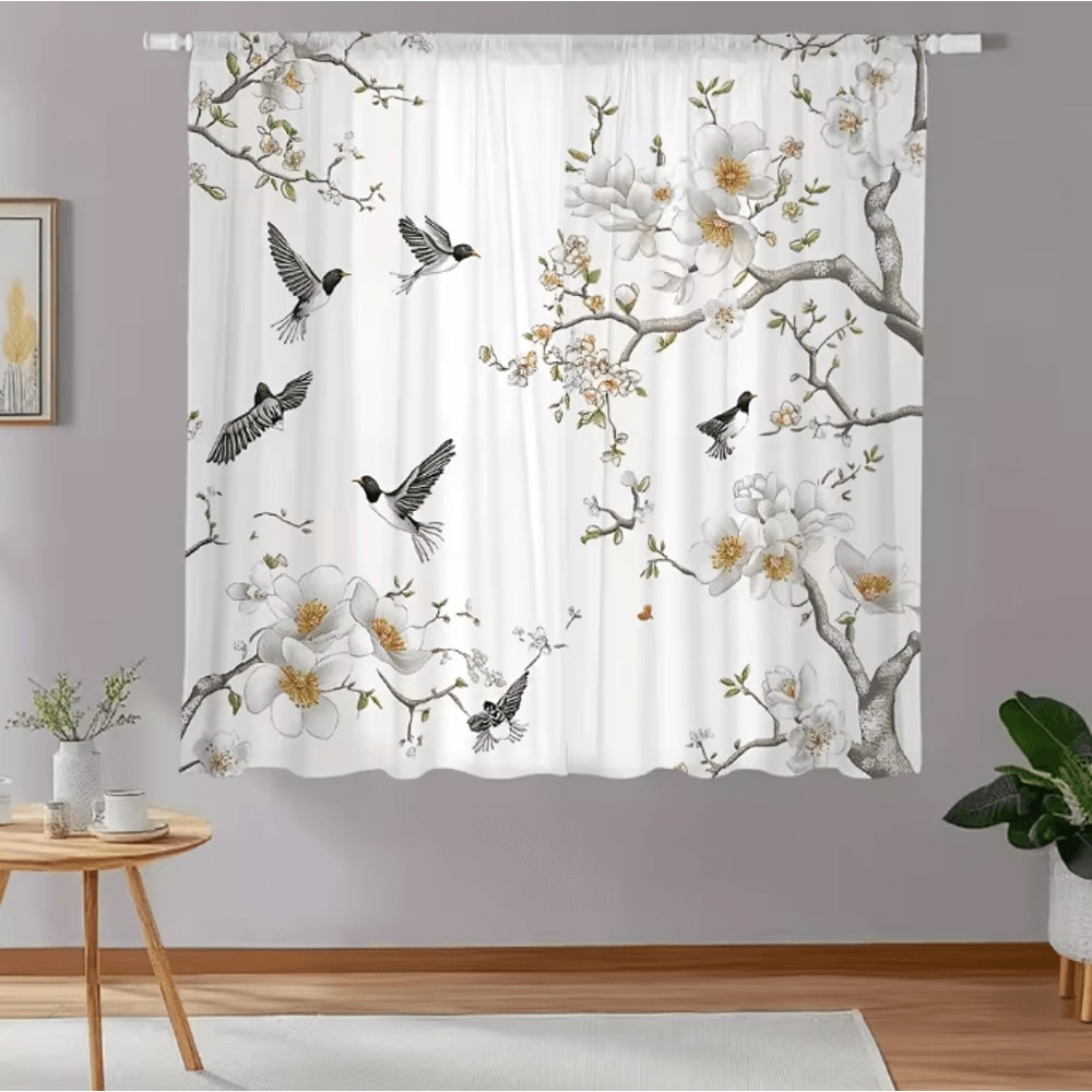 NatureBloom Floral Bird Print Curtain Set Polyester Decorative Window Drapes 3