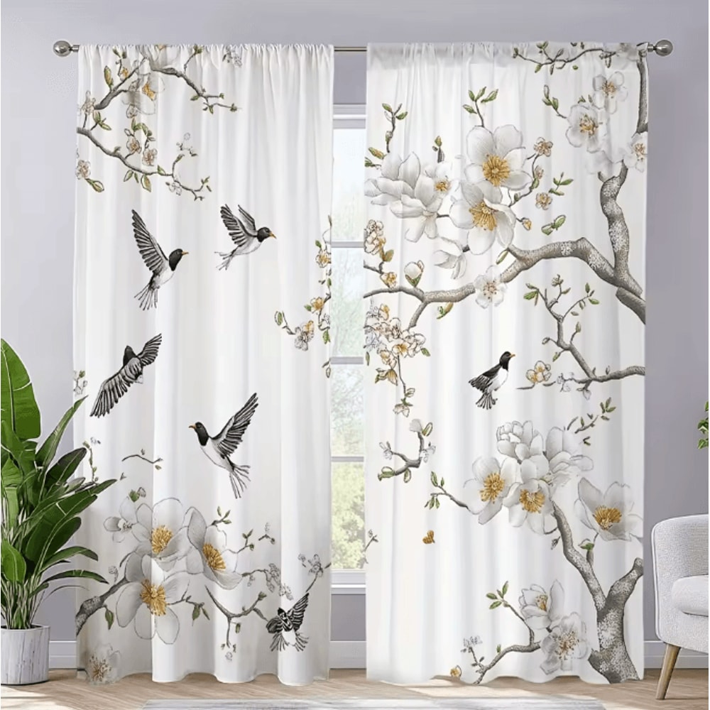 NatureBloom Floral Bird Print Curtain Set Polyester Decorative Window Drapes 4