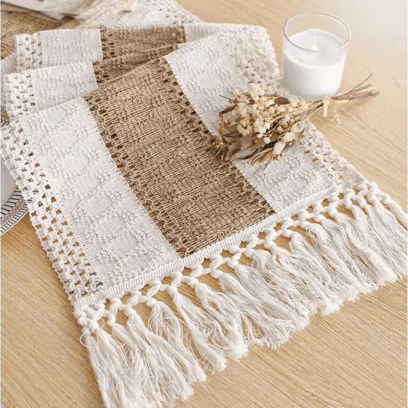 BohoLuxe Linen Table Runner With Tassels Rustic Macrame Farmhouse Decor 0