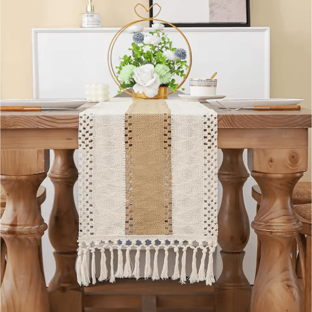 BohoLuxe Linen Table Runner With Tassels Rustic Macrame Farmhouse Decor 1