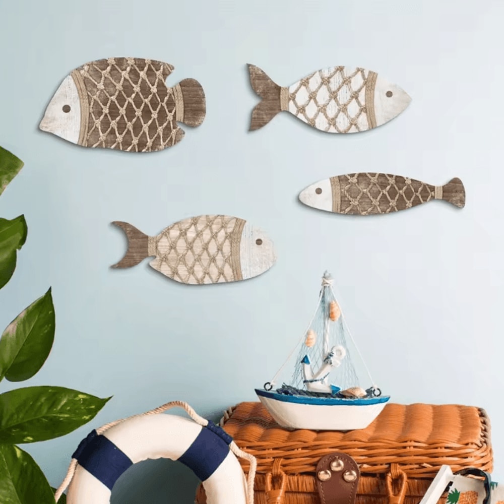 CoastalCharm 4PCS Wooden Tropical Fish Wall Art Nautical Rustic Decor Set 1