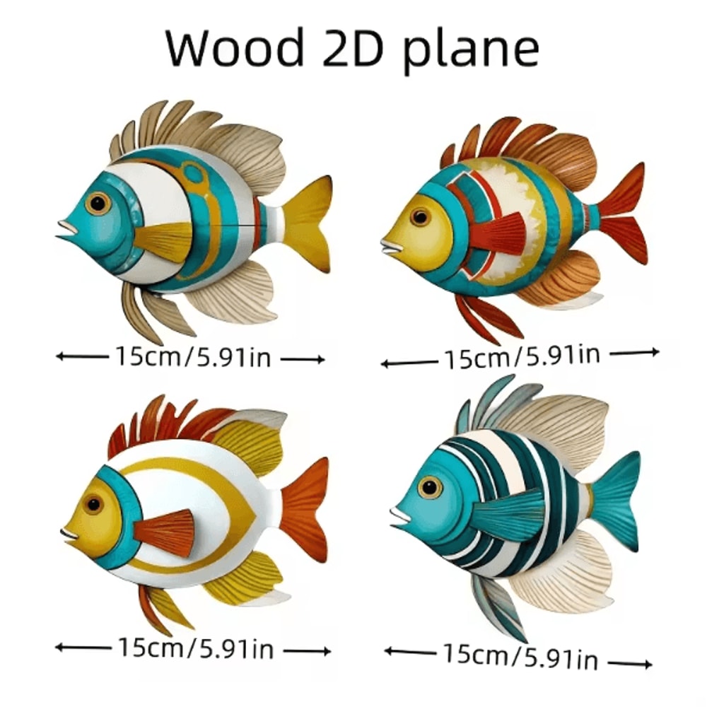 CoastalCharm 4PCS Wooden Tropical Fish Wall Art Nautical Rustic Decor Set 3
