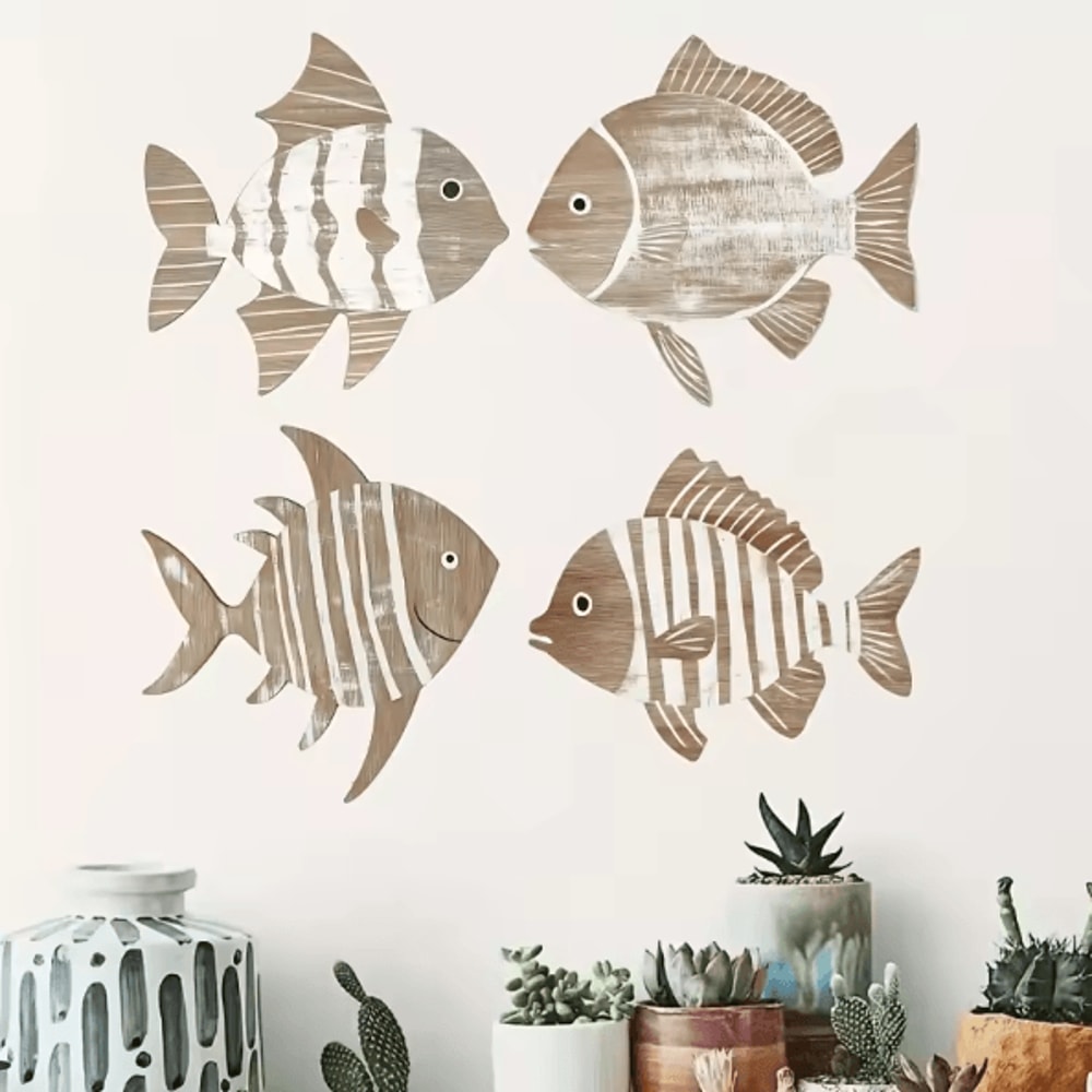 CoastalCharm 4PCS Wooden Tropical Fish Wall Art Nautical Rustic Decor Set 6