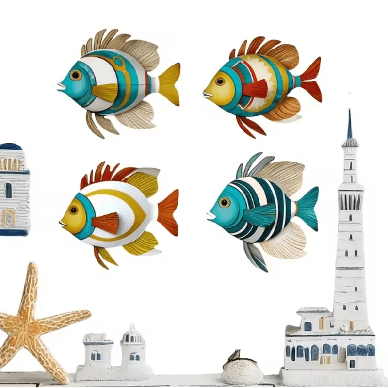 CoastalCharm 4PCS Wooden Tropical Fish Wall Art Nautical Rustic Decor Set 7