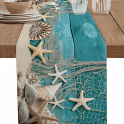 summer beach starfish linen table runner – coastal ocean decor for dining & parties