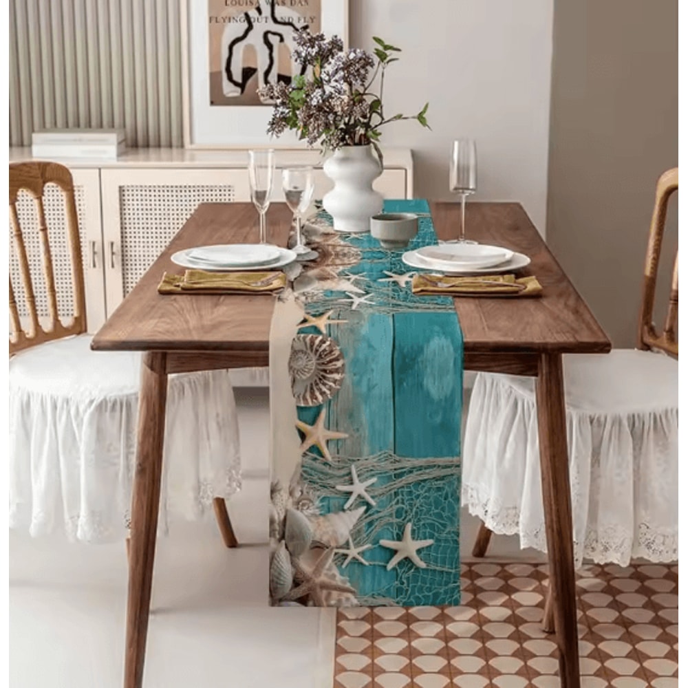 Summer Beach Starfish Linen Table Runner Coastal Ocean Decor For Dining Parties 1