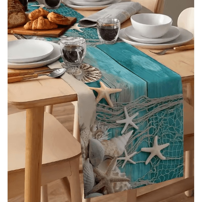 Summer Beach Starfish Linen Table Runner Coastal Ocean Decor For Dining Parties 4