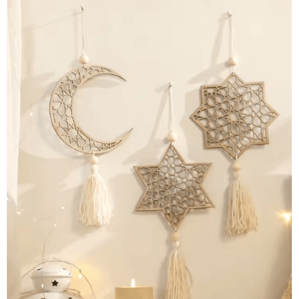 Wooden Ramadan Moon Tassel Ornaments Eid Mubarak Hanging Decor Set 0