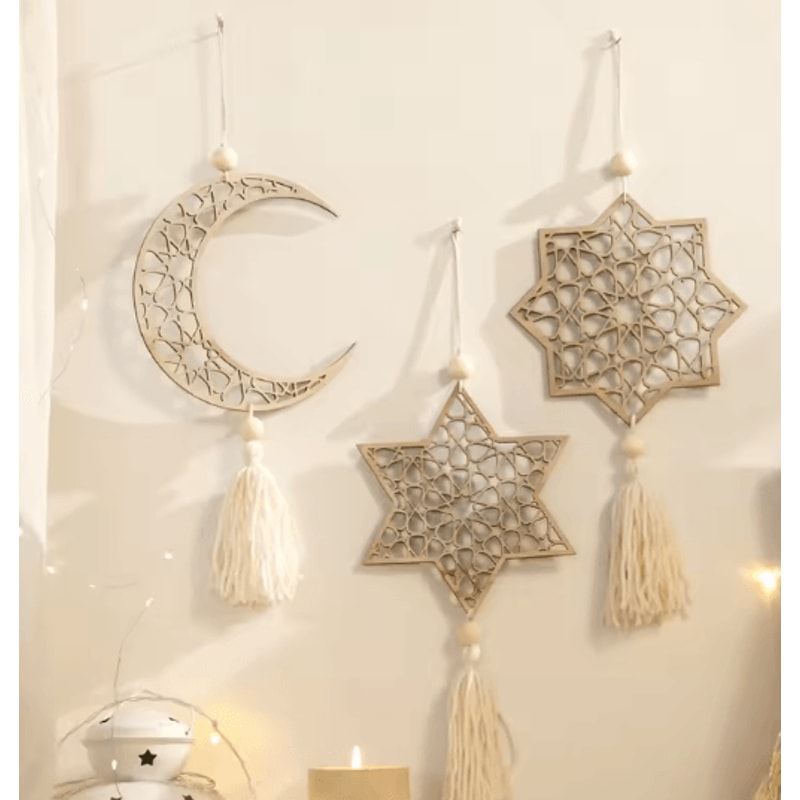 Wooden Ramadan Moon Tassel Ornaments Eid Mubarak Hanging Decor Set 0