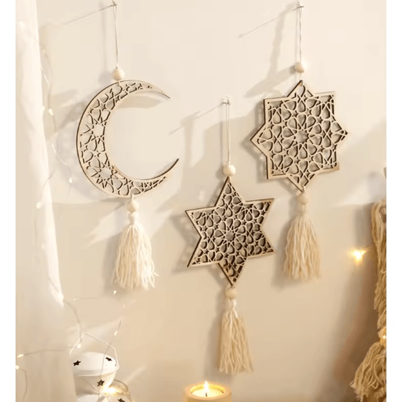 Wooden Ramadan Moon Tassel Ornaments Eid Mubarak Hanging Decor Set 1