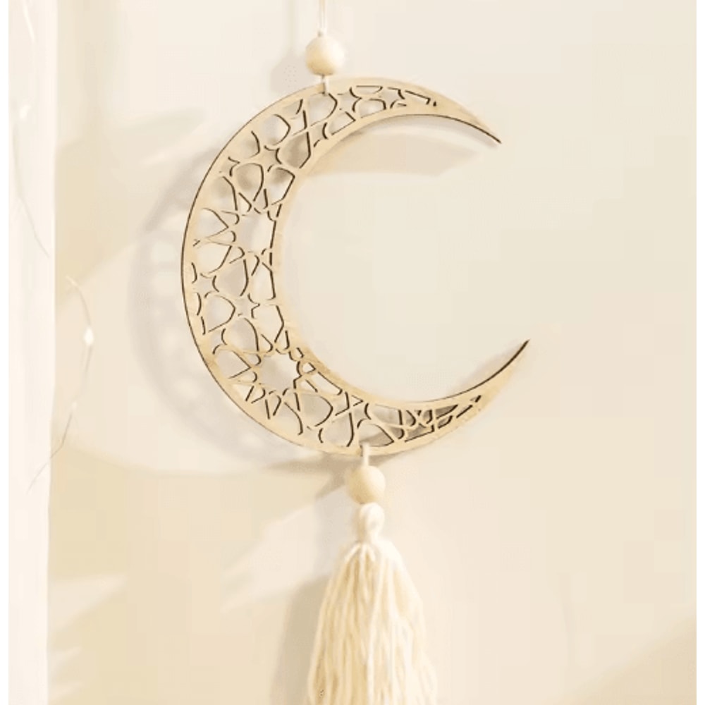 Wooden Ramadan Moon Tassel Ornaments Eid Mubarak Hanging Decor Set 2