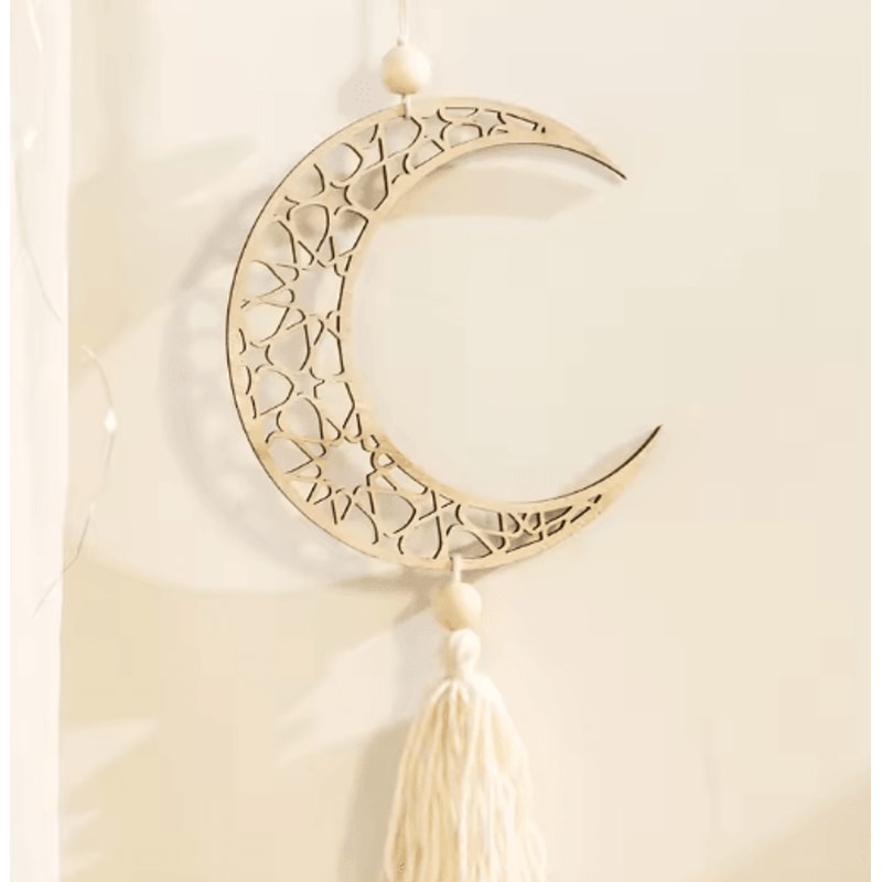Wooden Ramadan Moon Tassel Ornaments Eid Mubarak Hanging Decor Set 2