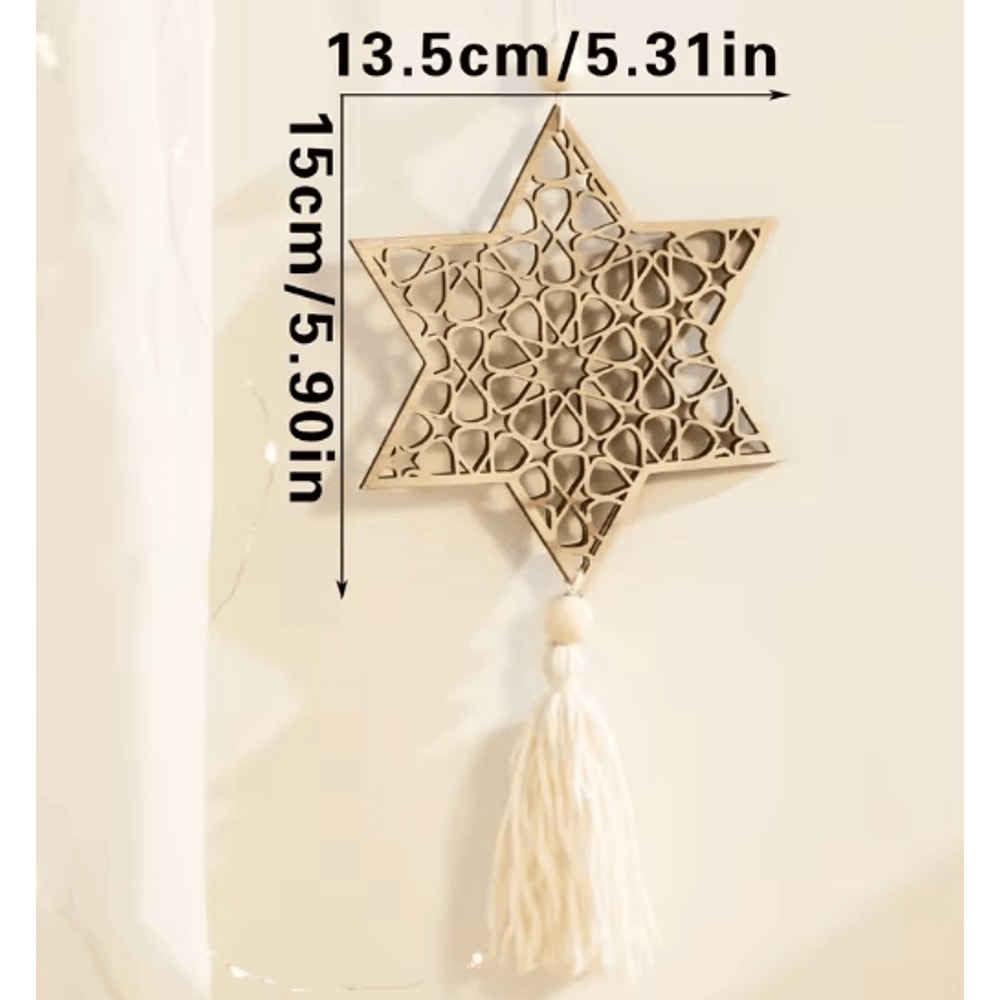 Wooden Ramadan Moon Tassel Ornaments Eid Mubarak Hanging Decor Set 4