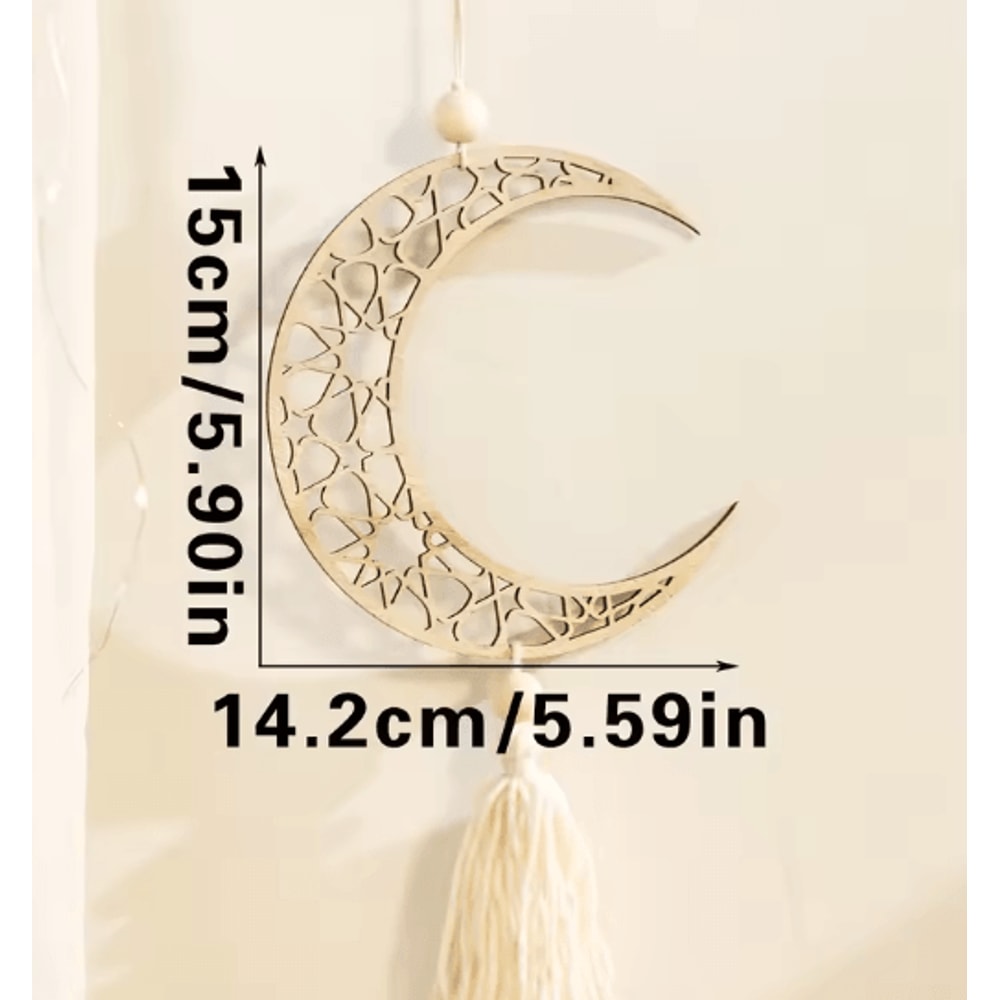 Wooden Ramadan Moon Tassel Ornaments Eid Mubarak Hanging Decor Set 5