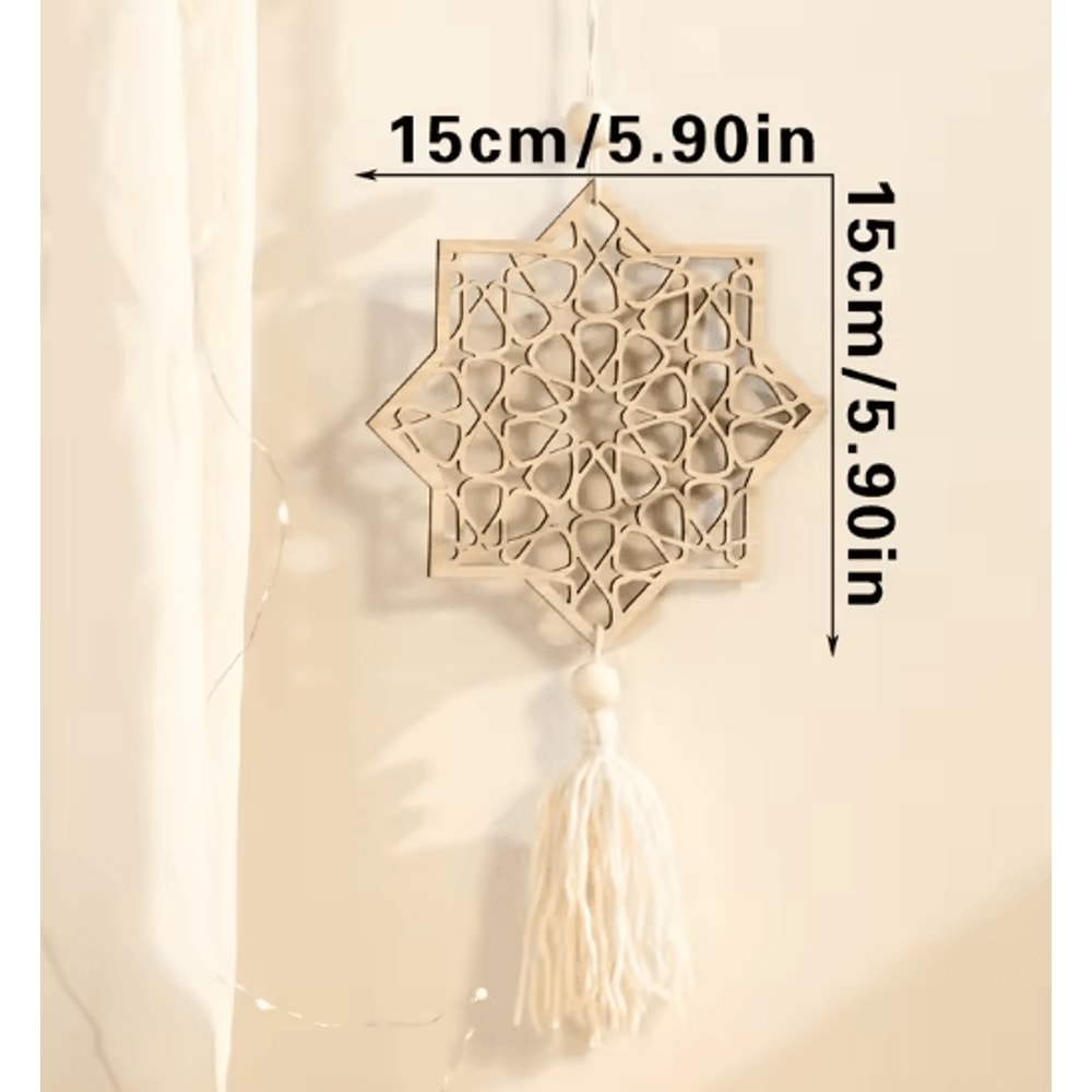 Wooden Ramadan Moon Tassel Ornaments Eid Mubarak Hanging Decor Set 6