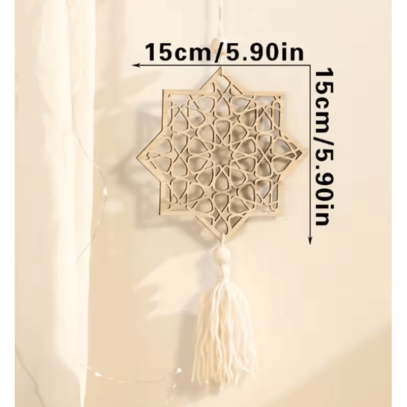 Wooden Ramadan Moon Tassel Ornaments Eid Mubarak Hanging Decor Set 6