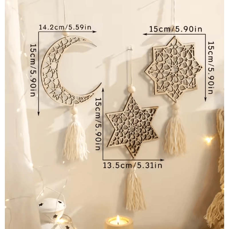 Wooden Ramadan Moon Tassel Ornaments Eid Mubarak Hanging Decor Set 7