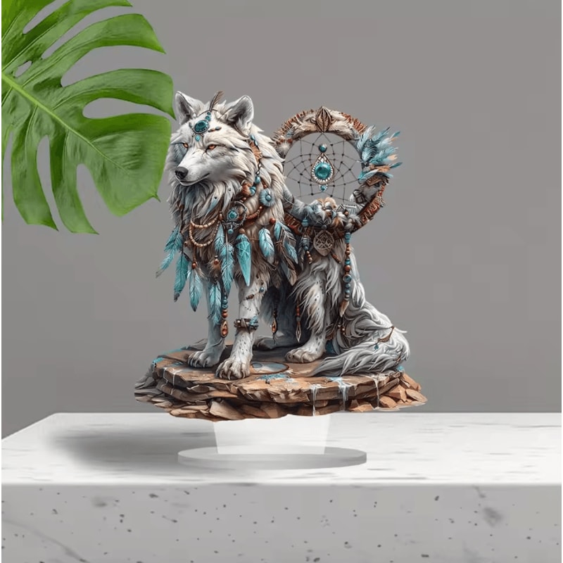 Majestic White Wolf Dream Catcher Acrylic Desk Decor Boho Tabletop Sign 1