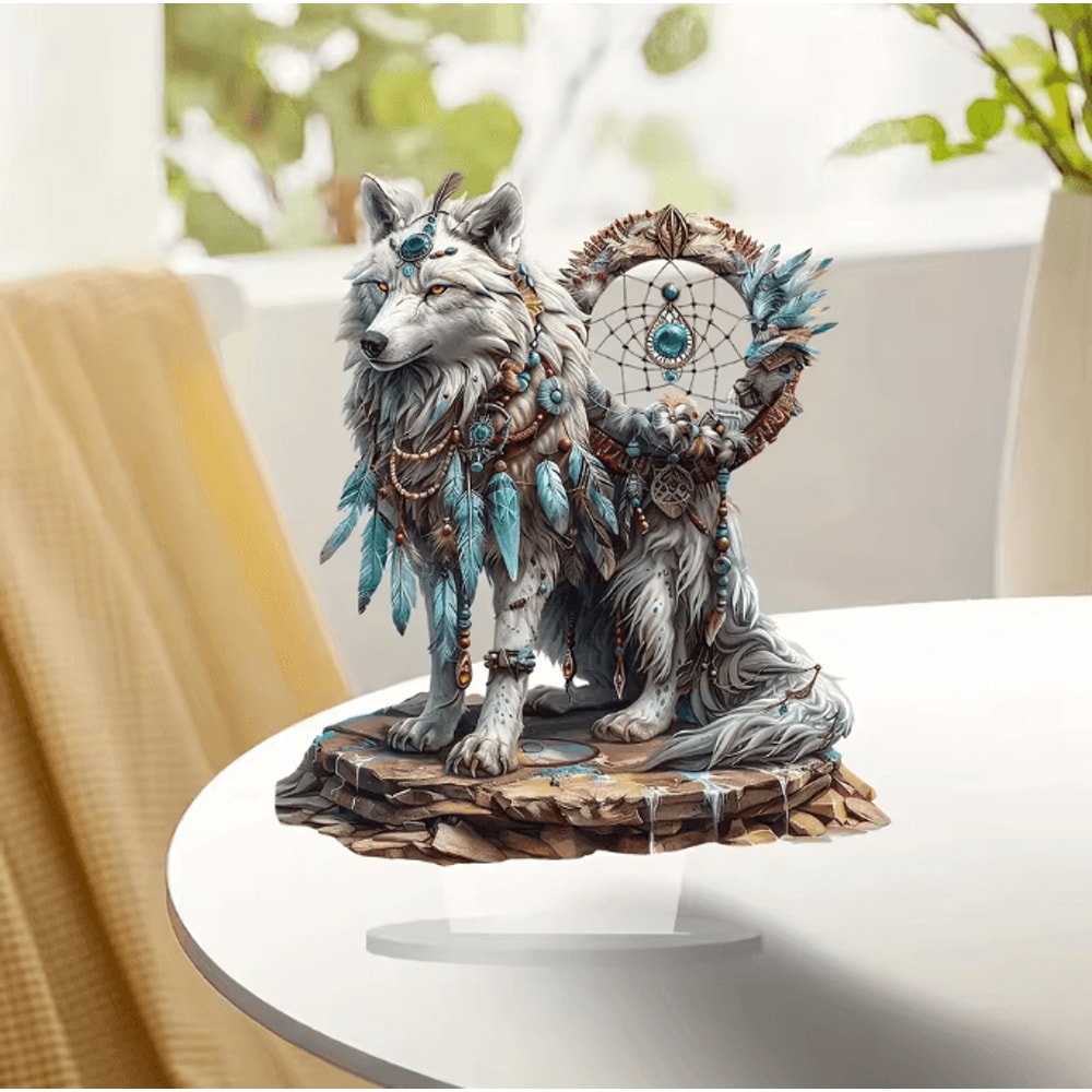 Majestic White Wolf Dream Catcher Acrylic Desk Decor Boho Tabletop Sign 4