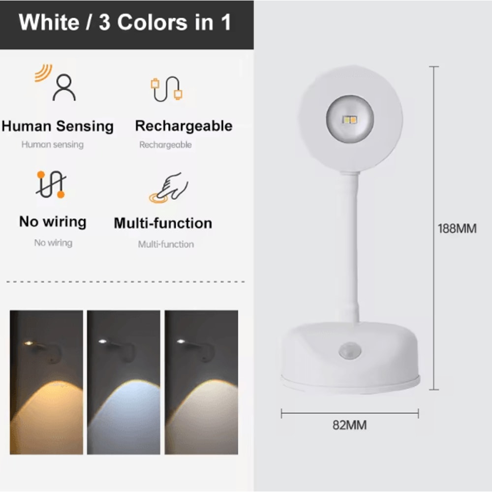 USB Rechargeable Motion Sensor Wall Light Dimmable LED Picture Spotlight 3 Color Modes 5