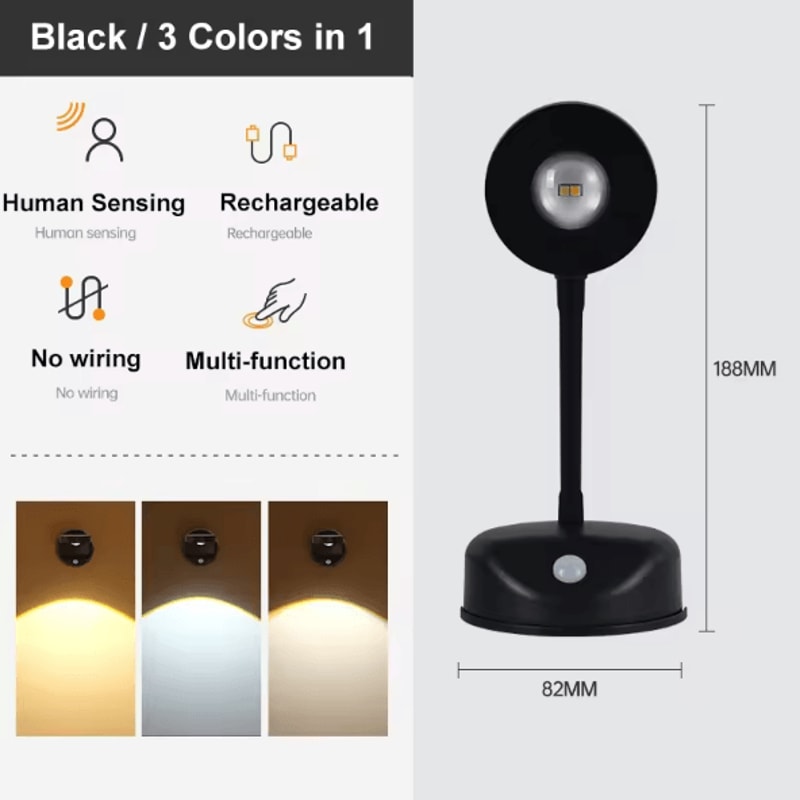 USB Rechargeable Motion Sensor Wall Light Dimmable LED Picture Spotlight 3 Color Modes 6
