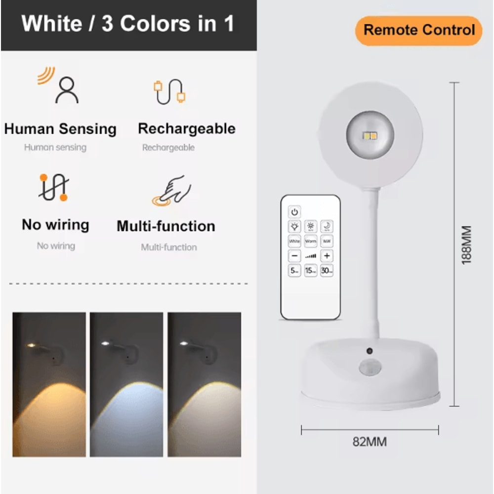 USB Rechargeable Motion Sensor Wall Light Dimmable LED Picture Spotlight 3 Color Modes 7