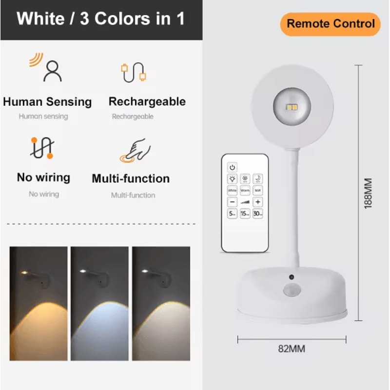 USB Rechargeable Motion Sensor Wall Light Dimmable LED Picture Spotlight 3 Color Modes 7
