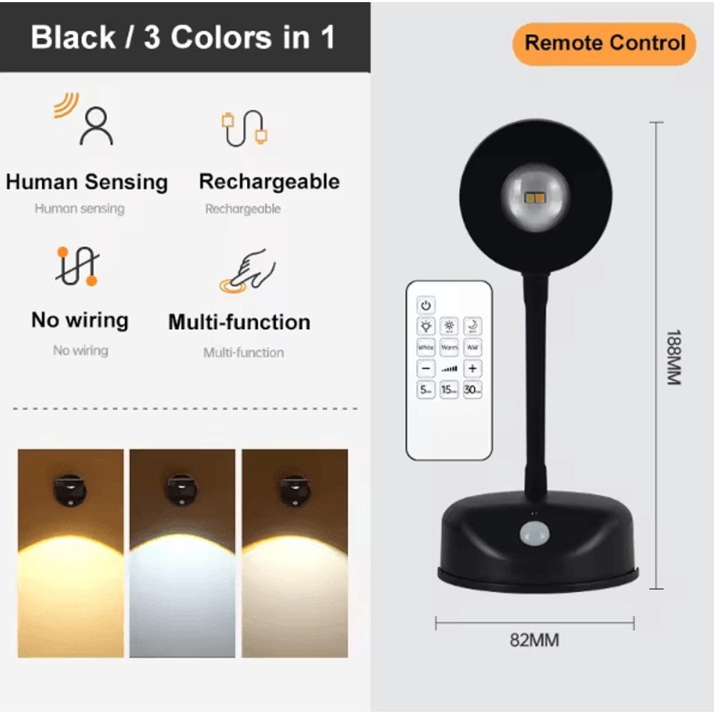 USB Rechargeable Motion Sensor Wall Light Dimmable LED Picture Spotlight 3 Color Modes 8