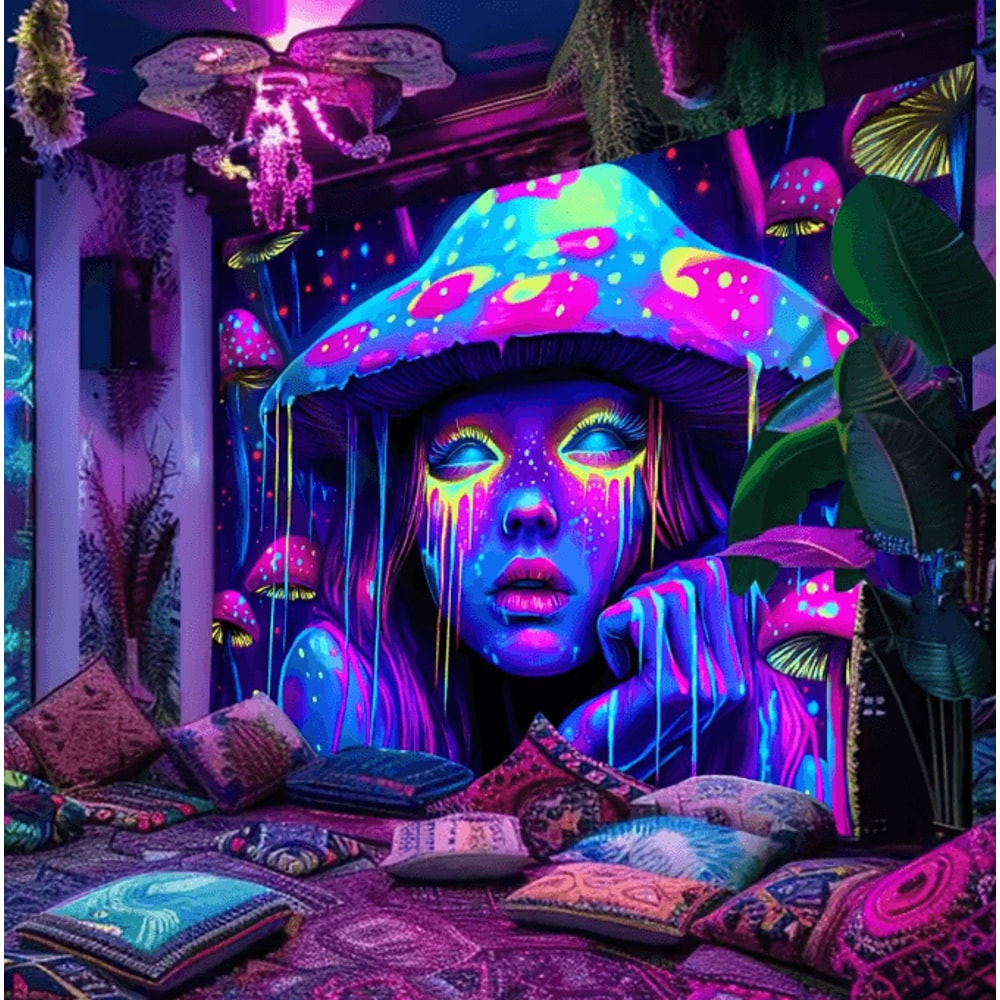 VIKAMA Psychedelic Mushroom Girl Tapestry Blacklight Reactive Trippy Wall Decor 0