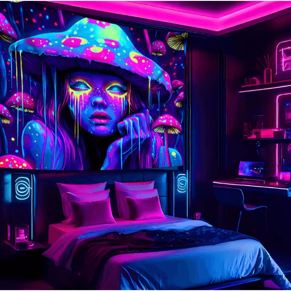 VIKAMA Psychedelic Mushroom Girl Tapestry Blacklight Reactive Trippy Wall Decor 2