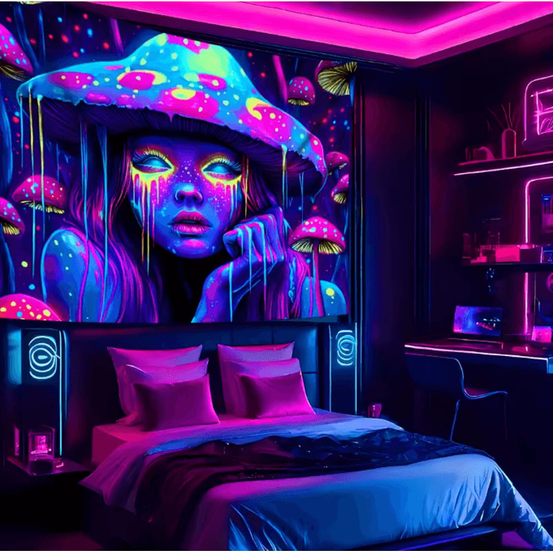 VIKAMA Psychedelic Mushroom Girl Tapestry Blacklight Reactive Trippy Wall Decor 2