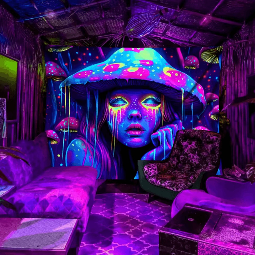 VIKAMA Psychedelic Mushroom Girl Tapestry Blacklight Reactive Trippy Wall Decor 3